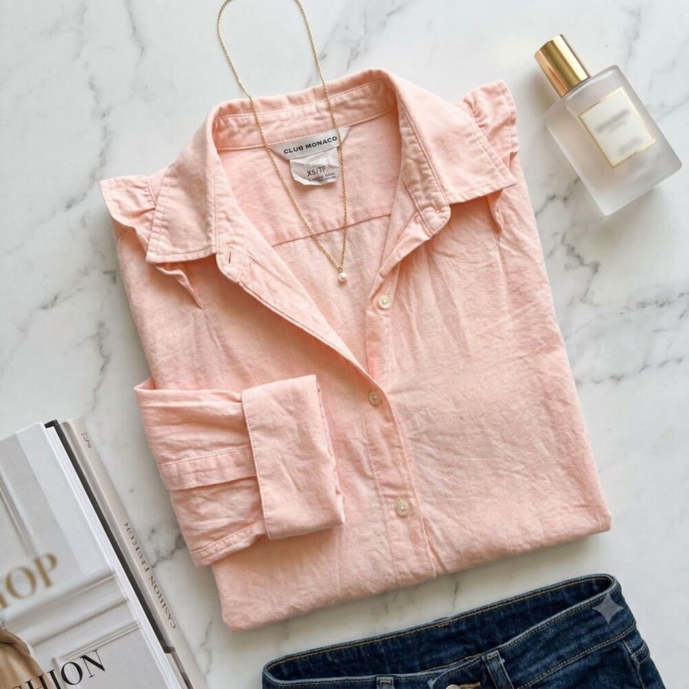 Club Monaco Peach Cotton Ruffle Button Up Shirt Long Sleeve Womens Size XS